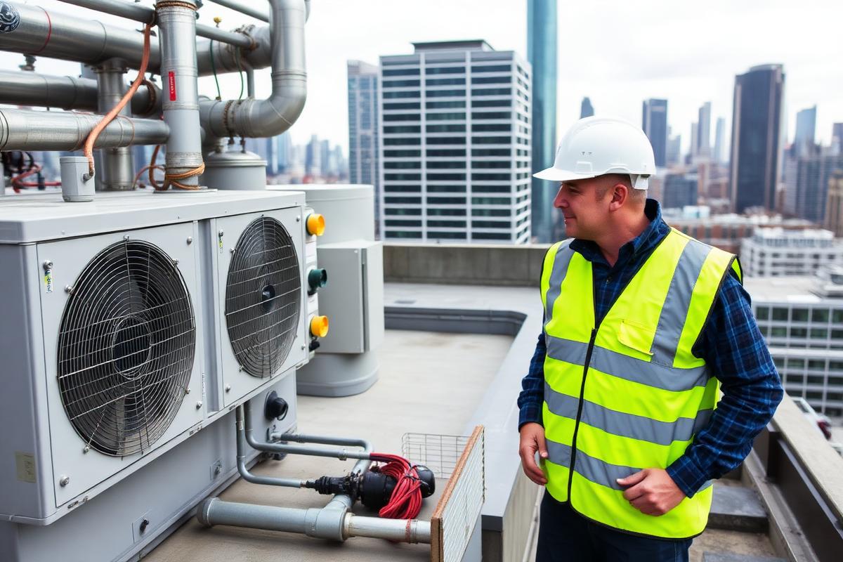 EcoNex engineer inspecting rooftop plant on a commercial building